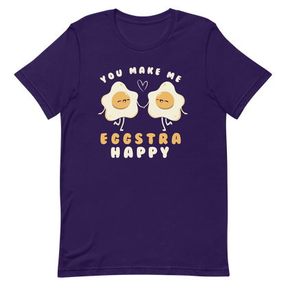 A fun and cute art of two bouncy starry eggs as if they were lovers, next to them the phrase "You make me eggstra happy". A humorous gift that combines love and eggs.