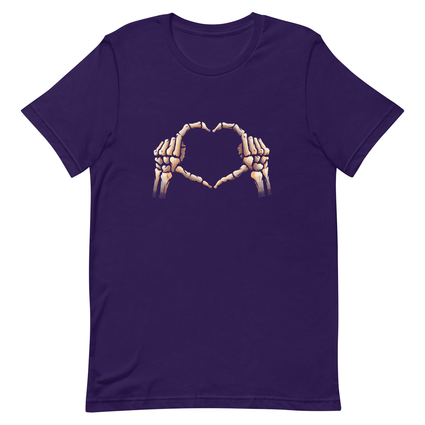 Two skeleton hands forming a heart with their fingers, an art that combines humor with love and is perfect for those who love Halloween.