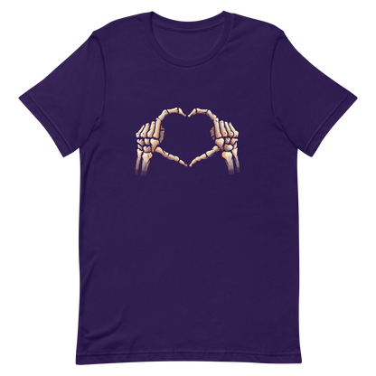Two skeleton hands forming a heart with their fingers, an art that combines humor with love and is perfect for those who love Halloween.