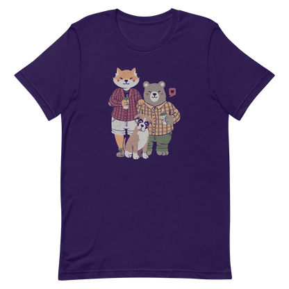 A beautiful family made up of a little red fox, a gray bear wearing plaid shirts and having a coffee with their boxer dog. An art that shows that families can be different what matters is love.