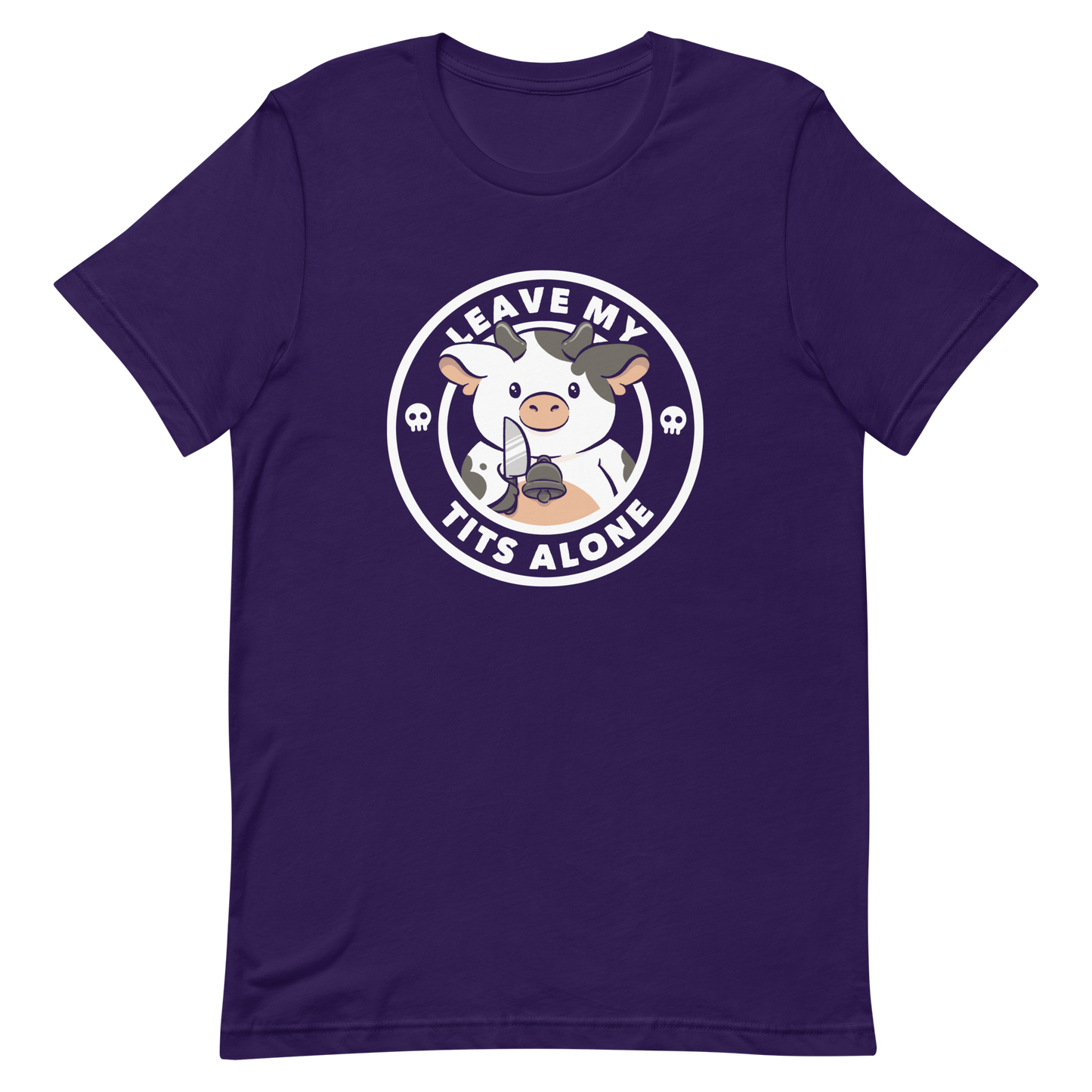 A quirky stamp-style design featuring a cute spotted cow holding a knife with the phrase “Leave My Tits Alone.” It mixes humor, attitude, and a playful call for animal respect. Perfect for cow lovers, fans of sassy humor, and anyone who supports animal rights.