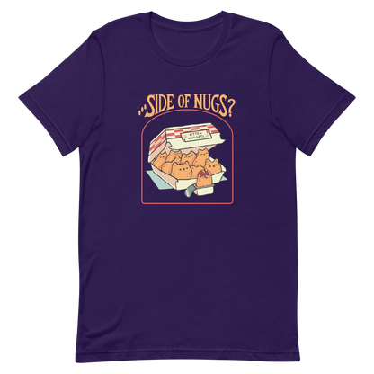 A box of cute, cat-shaped chicken nuggets, with the text "side of nugs?" on top. A work of art that blends humor, kittens, and fast food.