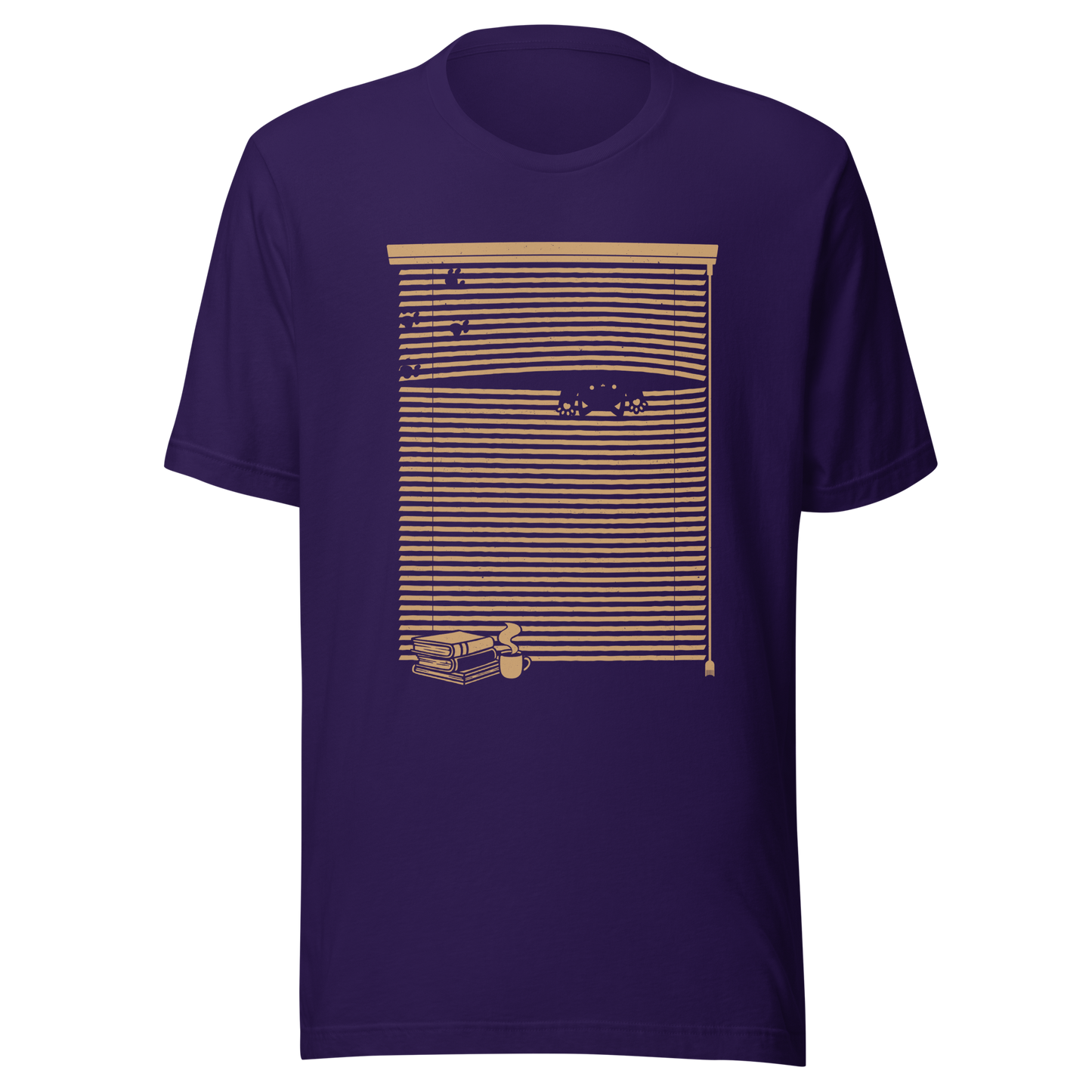 A Venetian blind with a stack of books in front of it and a small black cat peeking through a gap as if spying on the outside world. A charming and playful piece of art, perfect for cat owners, book lovers, and anyone who enjoys cozy, whimsical illustrations.