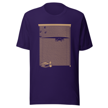 A Venetian blind with a stack of books in front of it and a small black cat peeking through a gap as if spying on the outside world. A charming and playful piece of art, perfect for cat owners, book lovers, and anyone who enjoys cozy, whimsical illustrations.
