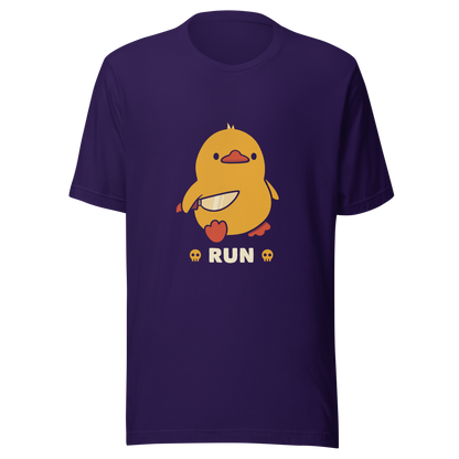 A cute yellow duck holding a small knife, with the text "Run" below it. This artwork blends humor with the ducks temperament.