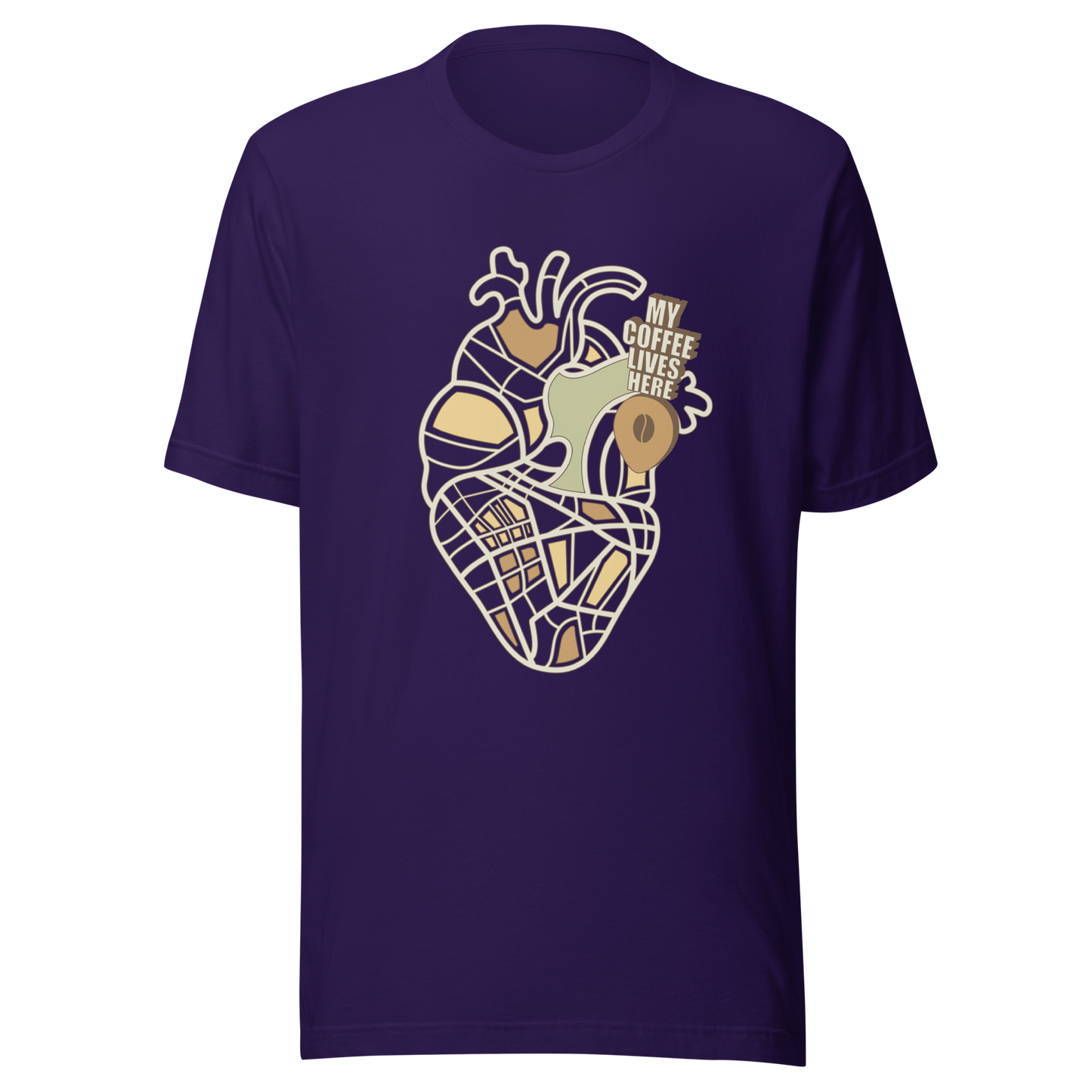 An anatomical heart illustrated like a map, marked with a small coffee-bean pin beside the phrase “My Coffee Lives Here”. A symbolic and cozy design that blends warmth and creativity, perfect for coffee lovers who treat their favorite brew as the fuel that keeps their heart beating.