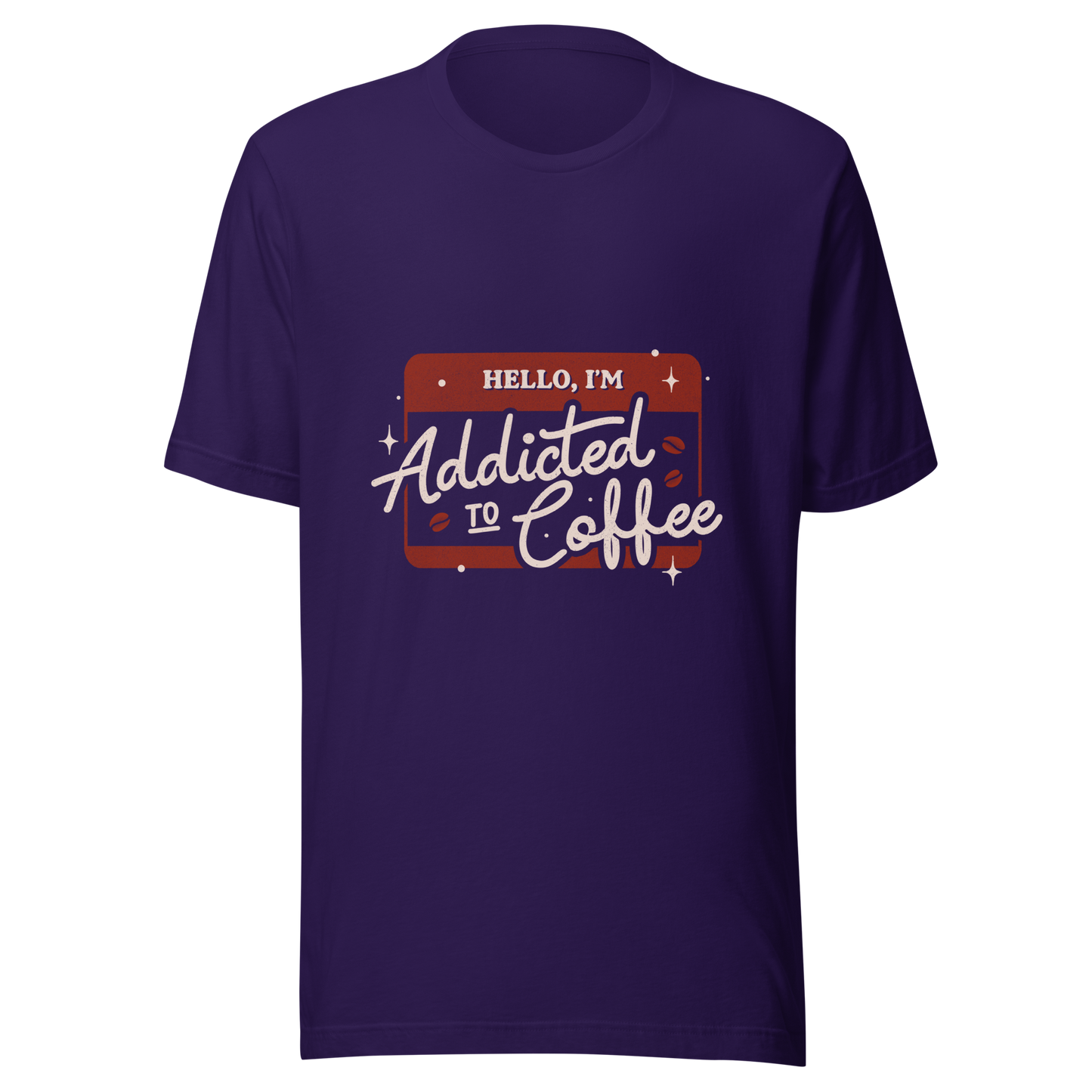 A vintage badge in shades of red with the phrase "Hello, I'm Addicted to 
Coffee" in stylized typography. This design celebrates the passion for coffee 
with a touch of humor. Perfect for coffee lovers, baristas, and everyone who only functions after the first cup.