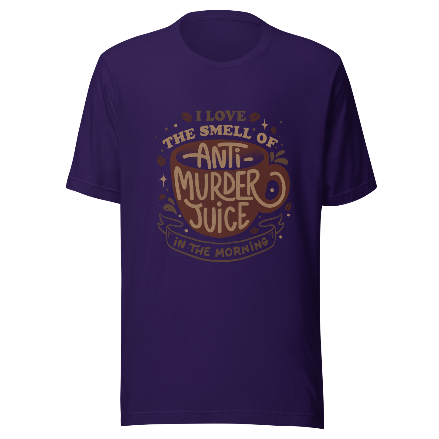 The artwork features a stylized mug in earthy tones with the lettering "I love the smell of anti-murder juice in the morning", creating a strong and well-defined visual. The art transforms coffee into the famous "anti-murder juice", playfully referencing the acidic humor of those who only function after caffeine. Ideal for coffee lovers, those who appreciate retro design, expressive lettering, and humorous prints.