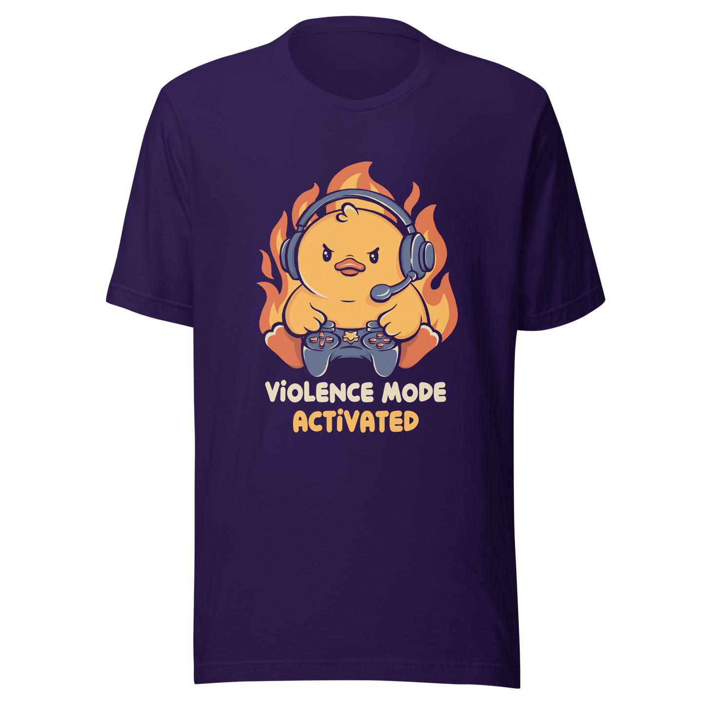 A determined duck, with flames behind it, wearing a gaming headset and holding a controller with intense focus. This design captures the humorous intensity of going full "violence mode" during competitive matches. Perfect for gamers, streamers, and fans of bold and fun geek designs.