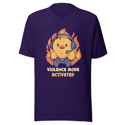 A determined duck, with flames behind it, wearing a gaming headset and holding a controller with intense focus. This design captures the humorous intensity of going full "violence mode" during competitive matches. Perfect for gamers, streamers, and fans of bold and fun geek designs.