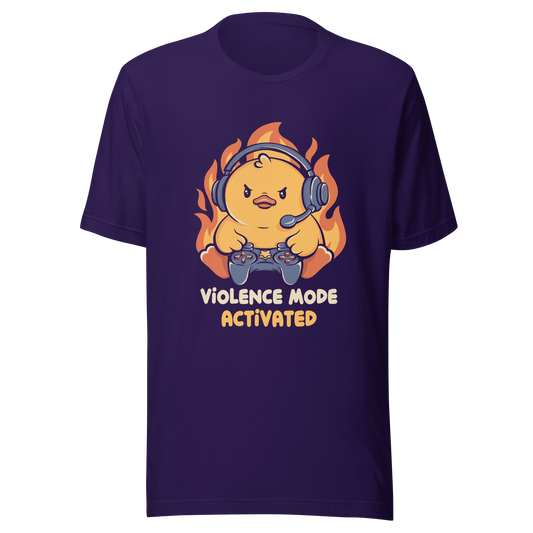 A determined duck, with flames behind it, wearing a gaming headset and holding a controller with intense focus. This design captures the humorous intensity of going full "violence mode" during competitive matches. Perfect for gamers, streamers, and fans of bold and fun geek designs.