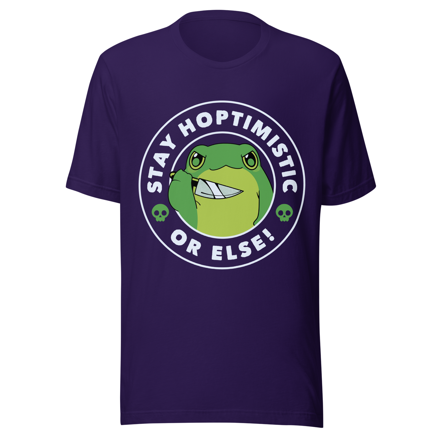 A green frog with a determined look stands beside the playful phrase “Stay Hoptimistic — Or Else”. A fun pun with a slightly chaotic twist, perfect for frog lovers and anyone who enjoys quirky, attitude-filled humor.