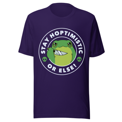 A green frog with a determined look stands beside the playful phrase “Stay Hoptimistic — Or Else”. A fun pun with a slightly chaotic twist, perfect for frog lovers and anyone who enjoys quirky, attitude-filled humor.