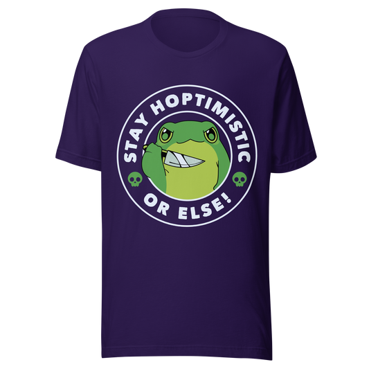 A green frog with a determined look stands beside the playful phrase “Stay Hoptimistic — Or Else”. A fun pun with a slightly chaotic twist, perfect for frog lovers and anyone who enjoys quirky, attitude-filled humor.
