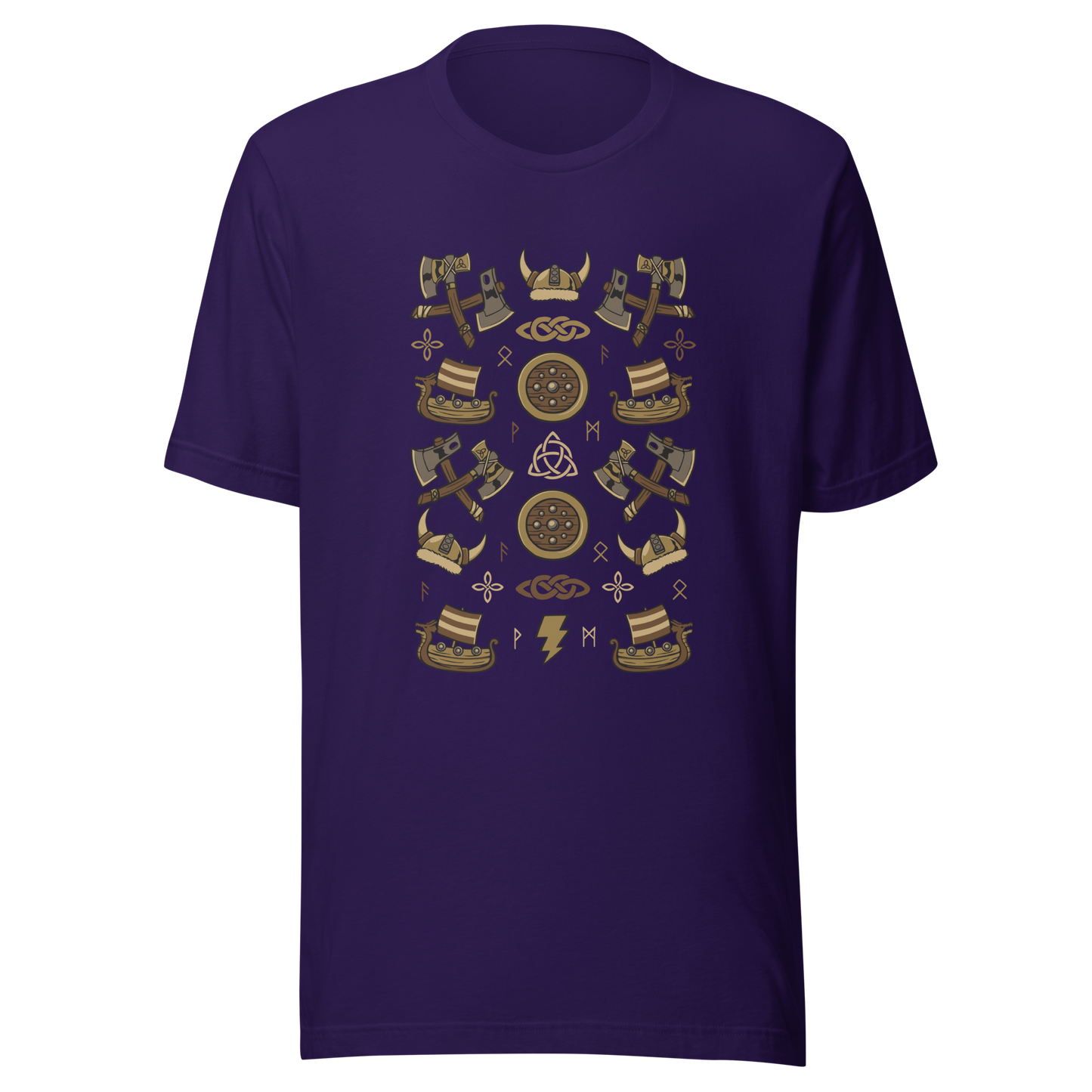 The artwork features a symmetrical illustration with axes, wooden shields, Viking helmets, longships, and runes in earthy tones on a dark background. Each element reinforces the classic Nordic aesthetic, blending iconic symbols with a detailed and super harmonious cartoon style. Perfect for fans of Viking culture, Norse mythology, RPGs, and anyone who loves prints with an epic and stylized vibe.