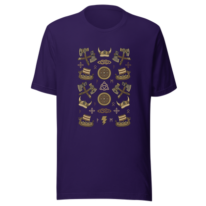 The artwork features a symmetrical illustration with axes, wooden shields, Viking helmets, longships, and runes in earthy tones on a dark background. Each element reinforces the classic Nordic aesthetic, blending iconic symbols with a detailed and super harmonious cartoon style. Perfect for fans of Viking culture, Norse mythology, RPGs, and anyone who loves prints with an epic and stylized vibe.