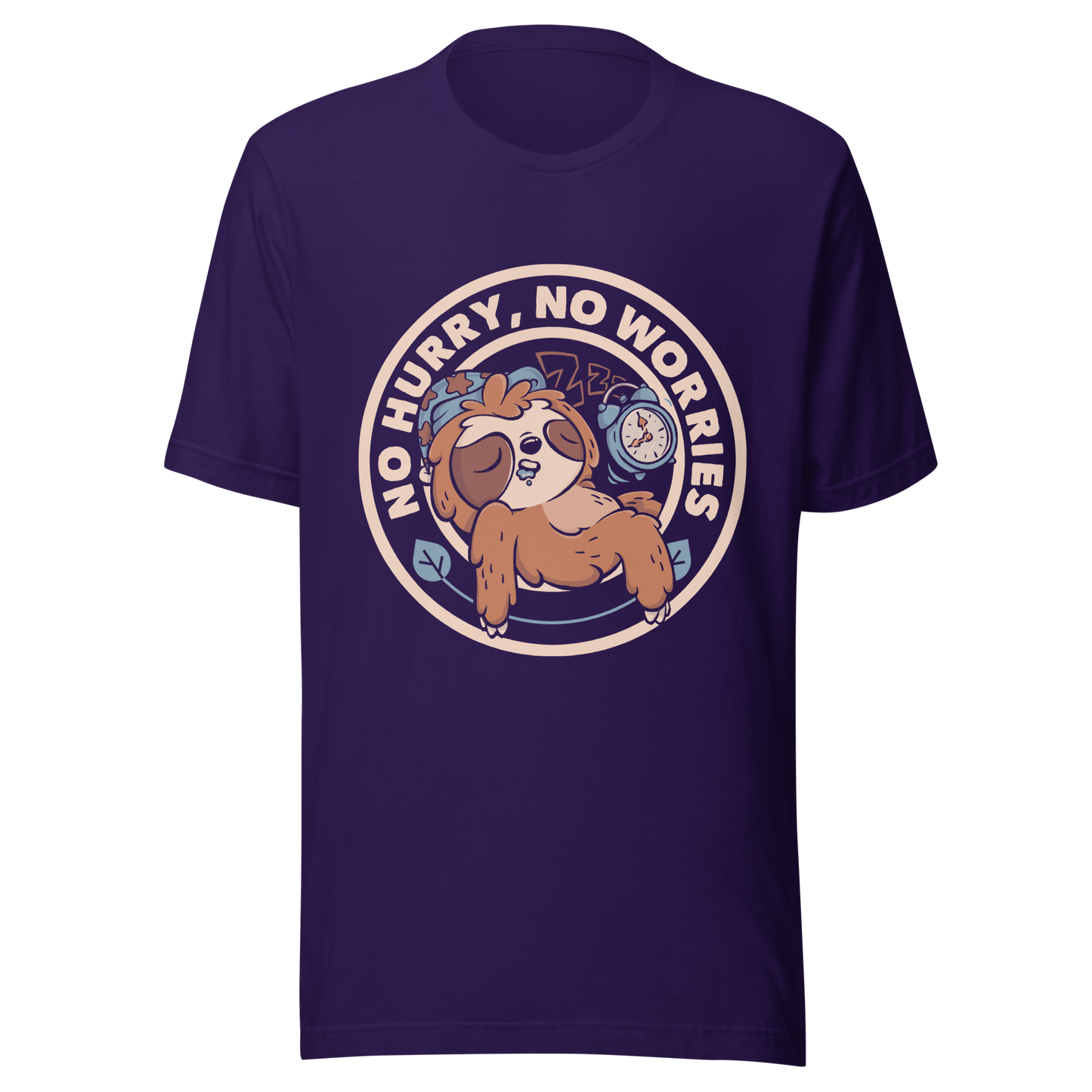 This cute artwork features a sleepy sloth wearing a sleeping cap with an alarm clock next to it and the phrase "no hurry, no worries" around it. This design celebrates the pleasure of slowing down and living without haste. Perfect for those who love light vibes, lazy humor, and prints that embrace a tired soul.