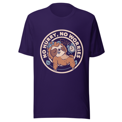 This cute artwork features a sleepy sloth wearing a sleeping cap with an alarm clock next to it and the phrase "no hurry, no worries" around it. This design celebrates the pleasure of slowing down and living without haste. Perfect for those who love light vibes, lazy humor, and prints that embrace a tired soul.