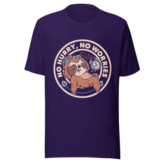 This cute artwork features a sleepy sloth wearing a sleeping cap with an alarm clock next to it and the phrase "no hurry, no worries" around it. This design celebrates the pleasure of slowing down and living without haste. Perfect for those who love light vibes, lazy humor, and prints that embrace a tired soul.