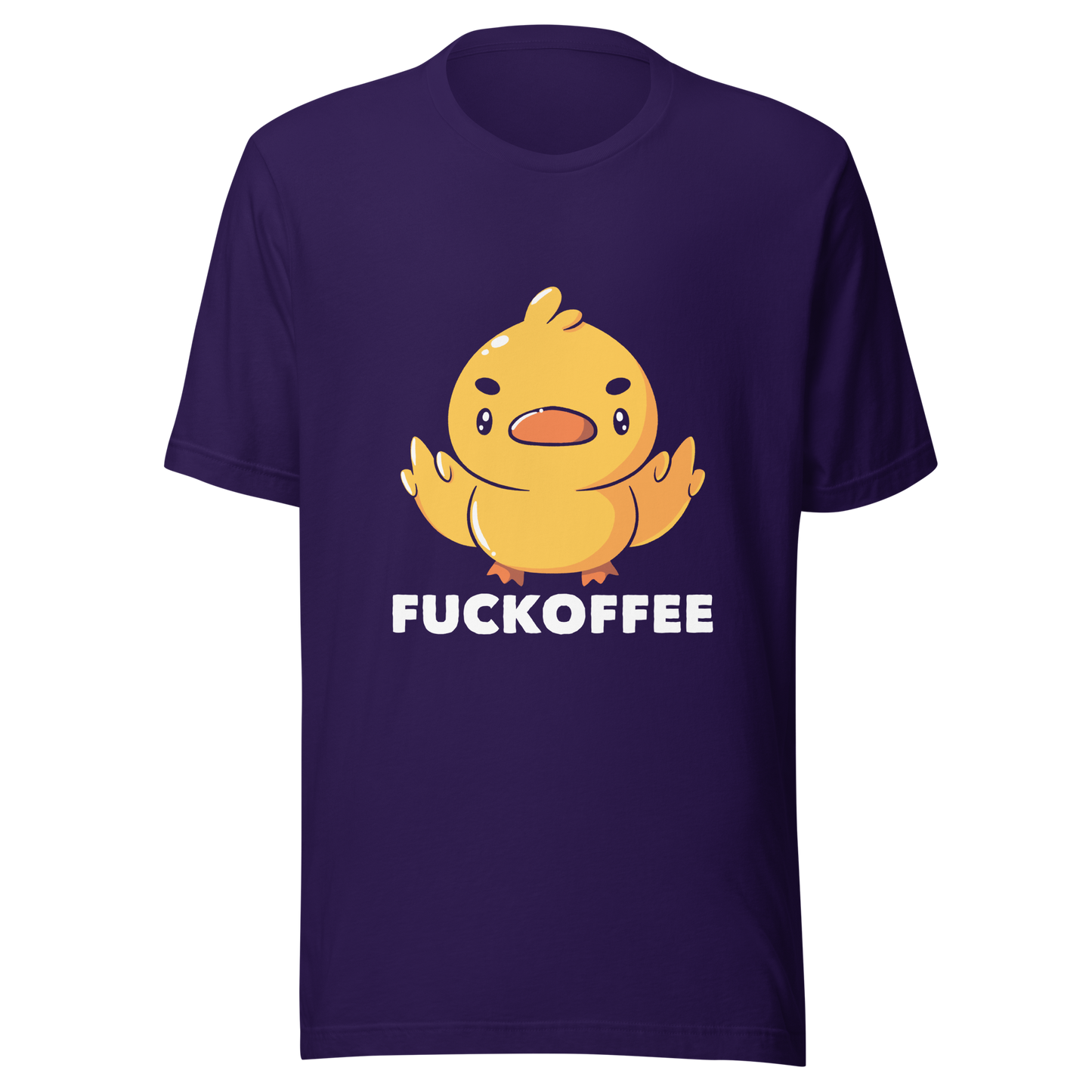 A cute yellow duckling with a mean face showing his middle fingers, next to it the phrase "Fuckoffee". An art with humor for those who love ducks.