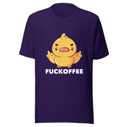 A cute yellow duckling with a mean face showing his middle fingers, next to it the phrase "Fuckoffee". An art with humor for those who love ducks.
