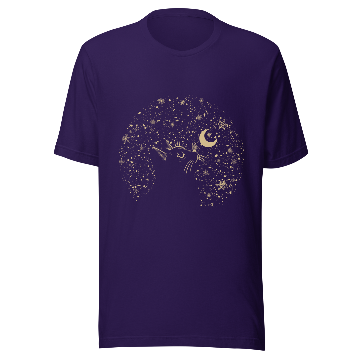A minimalist artwork featuring a kitten in profile, gazing at the crescent moon on a quiet, moonlit night. A poetic piece, perfect for those who love cats and a slightly melancholic winter atmosphere.