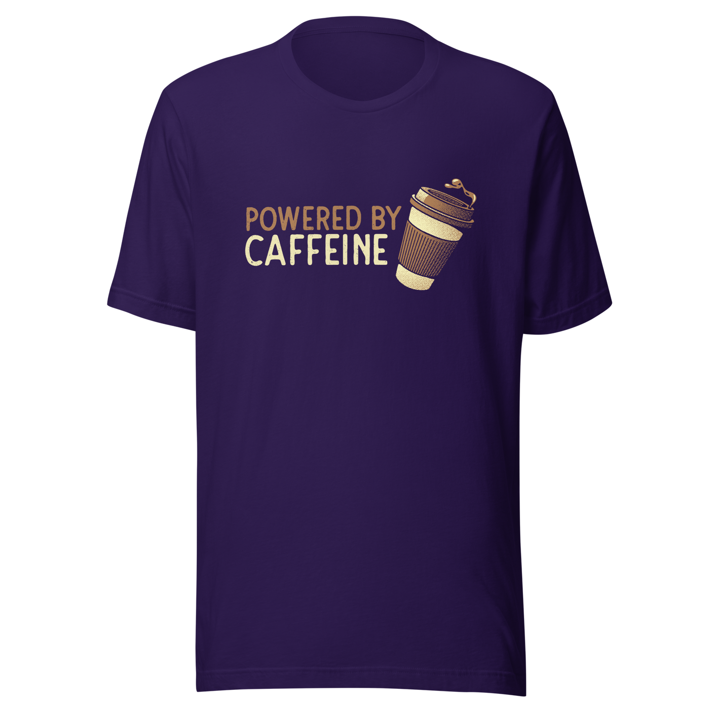 A steaming coffee cup tilts playfully beside the phrase “Powered by Caffeine,” written in bold, vintage-style lettering. This design perfectly captures the spirit of those who run entirely on coffee and determination. Ideal for caffeine lovers, coffee addicts and anyone who can’t start the day without their favorite brew.