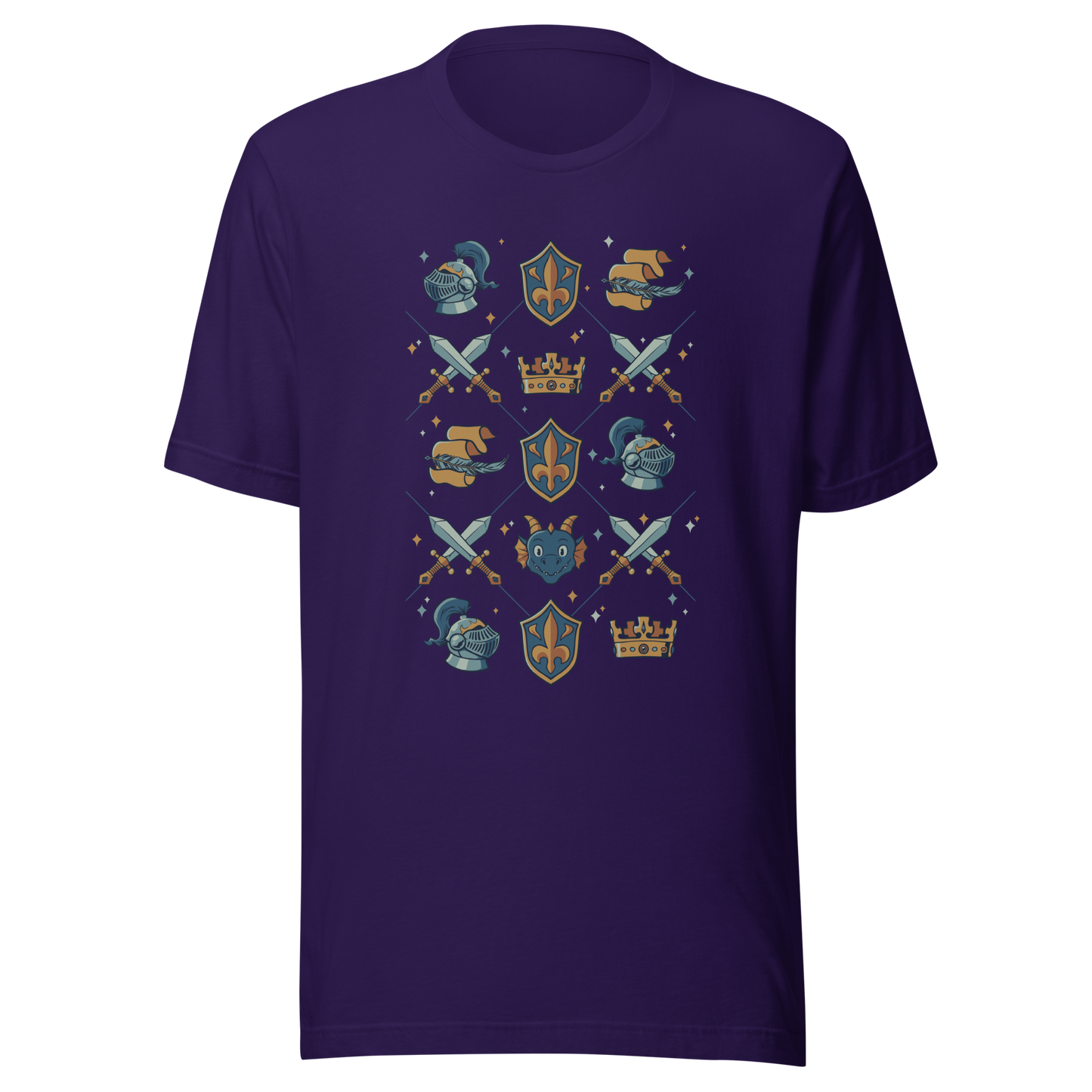 The artwork features swords, knight's helmets, crowns and dragons. Blending medieval fantasy with classic symbols of bravery, royalty, and magic, creating a strong and elegant composition. Ideal for fans of epic fantasy, knights, dragons, and anyone who loves prints with a heroic and stylish vibe.