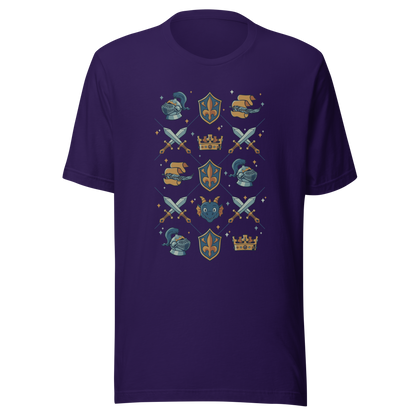 The artwork features swords, knight's helmets, crowns and dragons. Blending medieval fantasy with classic symbols of bravery, royalty, and magic, creating a strong and elegant composition. Ideal for fans of epic fantasy, knights, dragons, and anyone who loves prints with a heroic and stylish vibe.