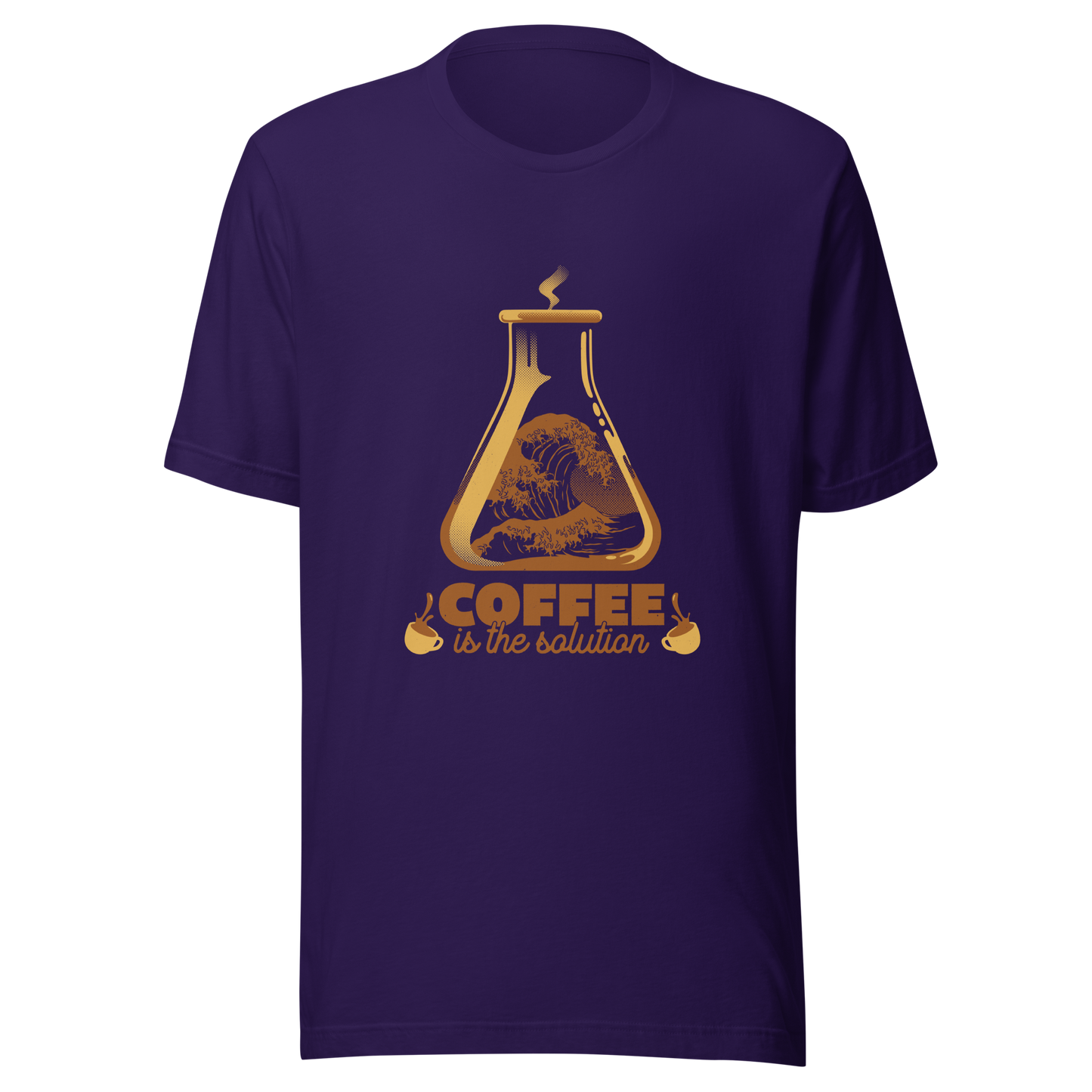 A stylized laboratory flask holding a powerful ocean wave, paired with bold retro typography reading ‘Coffee is the solution’. A playful design that blends science, humor, and coffee culture, perfect for coffee lovers, scientists, students, and anyone who believes caffeine solves most daily problems.