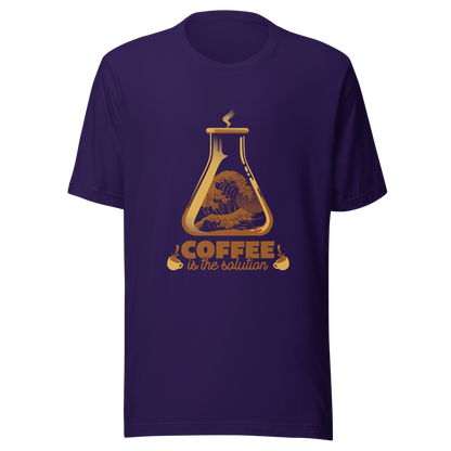 A stylized laboratory flask holding a powerful ocean wave, paired with bold retro typography reading ‘Coffee is the solution’. A playful design that blends science, humor, and coffee culture, perfect for coffee lovers, scientists, students, and anyone who believes caffeine solves most daily problems.