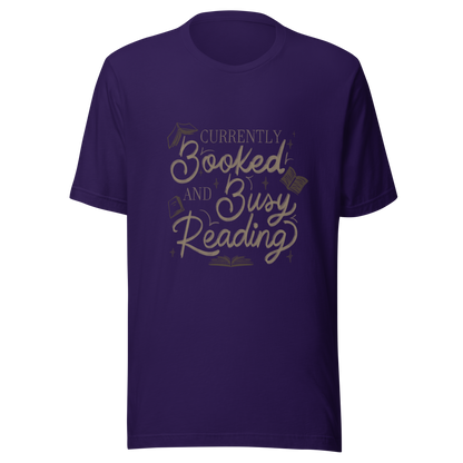 A warm hand-lettered typography featuring the phrase ‘Currently Booked and Busy Reading’, accented with delicate book illustrations and subtle sparkles on a dark background. A cozy, elegant design that celebrates the joy of reading, perfect for book lovers, students, introverts, and anyone who would rather be reading.