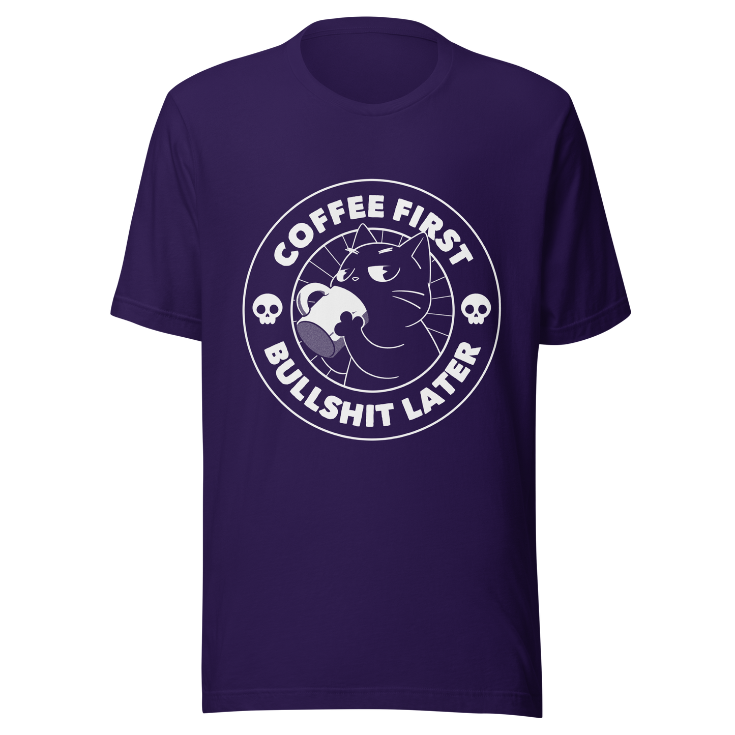 A black cat enjoys a hot cup of coffee, surrounded by the phrase “Coffee First Bullshit Later” adorned with skulls. This design combines dark humor with a touch of humor, perfect for those who face the day with equal doses of coffee and sarcasm. Made for lovers of felines, sarcasm and that extra dose of morning caffeine.