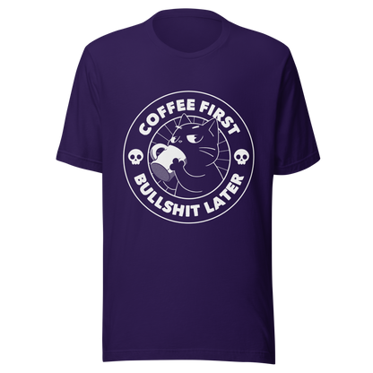 A black cat enjoys a hot cup of coffee, surrounded by the phrase “Coffee First Bullshit Later” adorned with skulls. This design combines dark humor with a touch of humor, perfect for those who face the day with equal doses of coffee and sarcasm. Made for lovers of felines, sarcasm and that extra dose of morning caffeine.