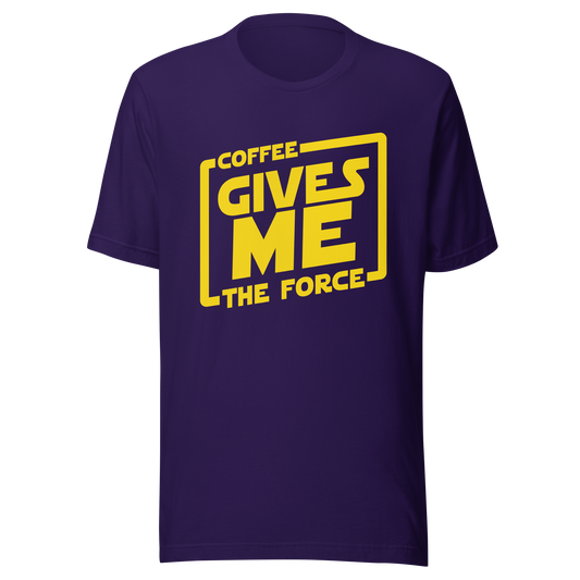 An artwork in yellow inspired by classic space adventure movies, featuring the phrase “Coffee Gives Me The Force”. A fun design for coffee lovers, sci-fi fans and anyone powered by caffeine and galaxy vibes.