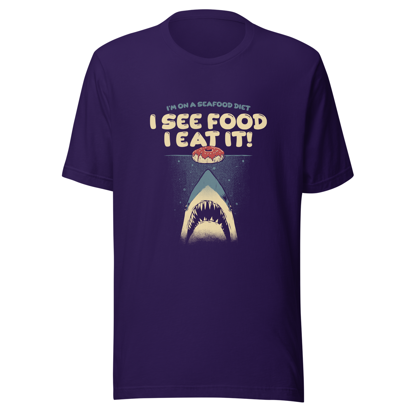 A shark rising from the water toward a floating donut, paired with playful retro typography. The artwork uses visual humor and a classic joke to create a fun, eye-catching composition with strong graphic contrast. Perfect for humor lovers, food fans, and anyone who enjoys witty designs with a slightly cheeky twist.