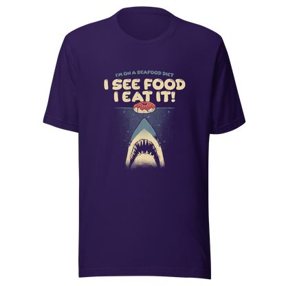A shark rising from the water toward a floating donut, paired with playful retro typography. The artwork uses visual humor and a classic joke to create a fun, eye-catching composition with strong graphic contrast. Perfect for humor lovers, food fans, and anyone who enjoys witty designs with a slightly cheeky twist.