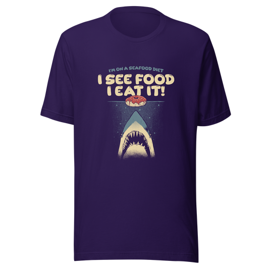 A shark rising from the water toward a floating donut, paired with playful retro typography. The artwork uses visual humor and a classic joke to create a fun, eye-catching composition with strong graphic contrast. Perfect for humor lovers, food fans, and anyone who enjoys witty designs with a slightly cheeky twist.