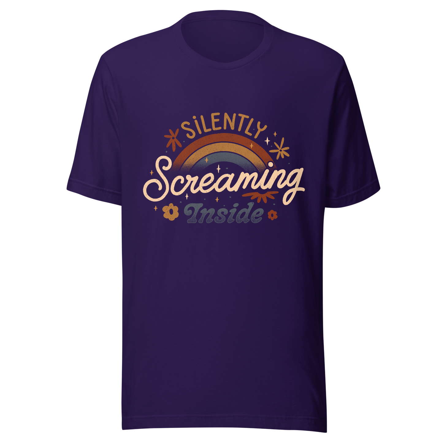 A fun and cute lettering design with a rainbow in the background and the phrase ‘Silently Screaming Inside’. The contrast between cheerful visuals and dark humour makes it perfect for those who cope with irony and sarcasm.