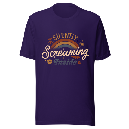A fun and cute lettering design with a rainbow in the background and the phrase ‘Silently Screaming Inside’. The contrast between cheerful visuals and dark humour makes it perfect for those who cope with irony and sarcasm.