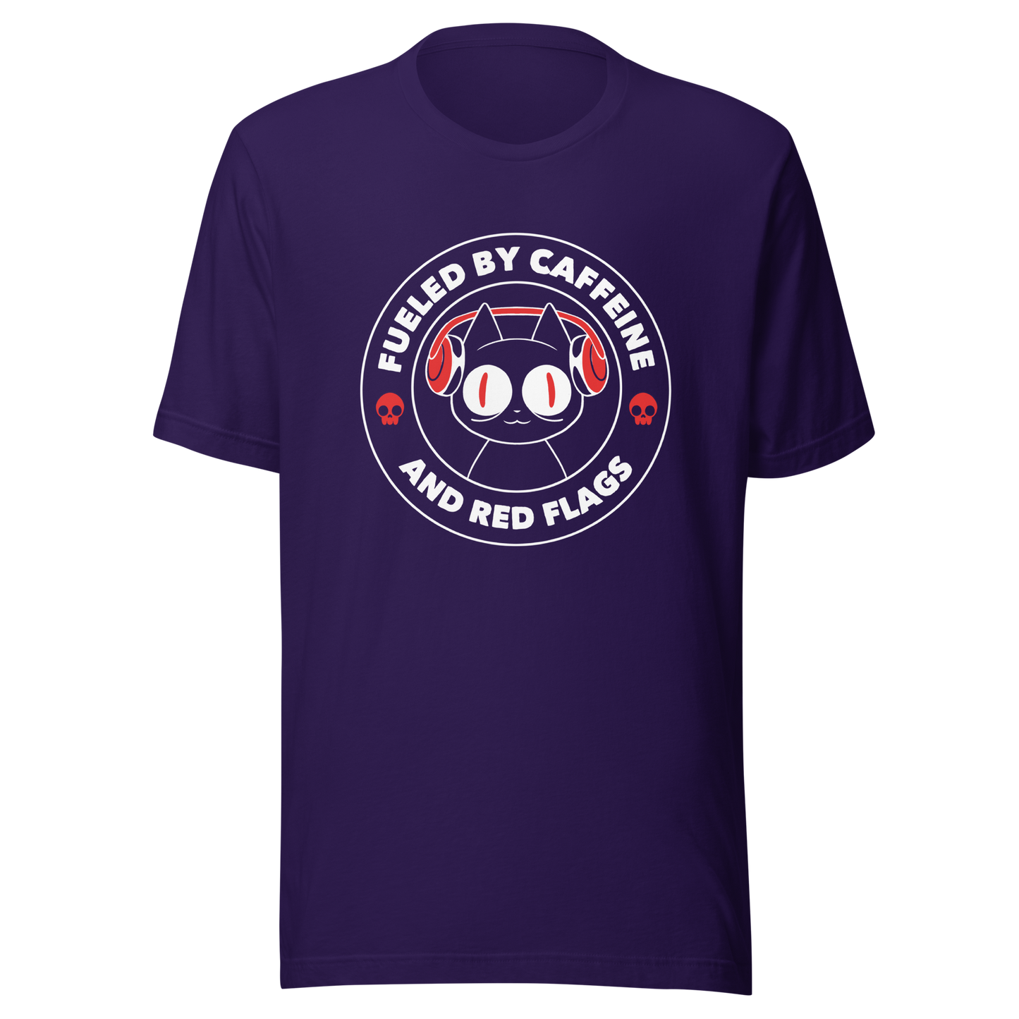 A stamp-style illustration of a black cat wearing headphones, featuring the phrase “Fueled by Caffeine and Red Flags”. A humorous and ironic design perfect for coffee lovers, chaotic souls, and anyone who embraces their red flags with style.