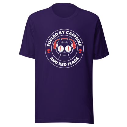 A stamp-style illustration of a black cat wearing headphones, featuring the phrase “Fueled by Caffeine and Red Flags”. A humorous and ironic design perfect for coffee lovers, chaotic souls, and anyone who embraces their red flags with style.