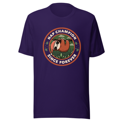A cute illustration of a sloth wearing a cap, hanging from a branch as if taking a nap. Around him the phrase "Nap Champion Since Forever". This is a perfect gift for everyone who loves to nap or loves sloths.