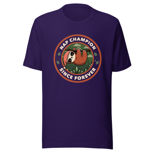 A cute illustration of a sloth wearing a cap, hanging from a branch as if taking a nap. Around him the phrase "Nap Champion Since Forever". This is a perfect gift for everyone who loves to nap or loves sloths.