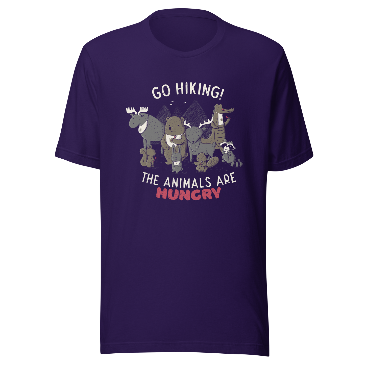 A playful nighttime illustration of cute animals gathered around a meal, holding utensils and napkins, ready to eat. Paired with the humorous phrase “Go Hiking! The Animals Are Hungry”, this whimsical design is perfect for animal lovers, fans of ironic humour, and anyone who enjoys fun art with a cheeky twist.