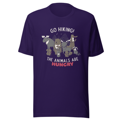 A playful nighttime illustration of cute animals gathered around a meal, holding utensils and napkins, ready to eat. Paired with the humorous phrase “Go Hiking! The Animals Are Hungry”, this whimsical design is perfect for animal lovers, fans of ironic humour, and anyone who enjoys fun art with a cheeky twist.