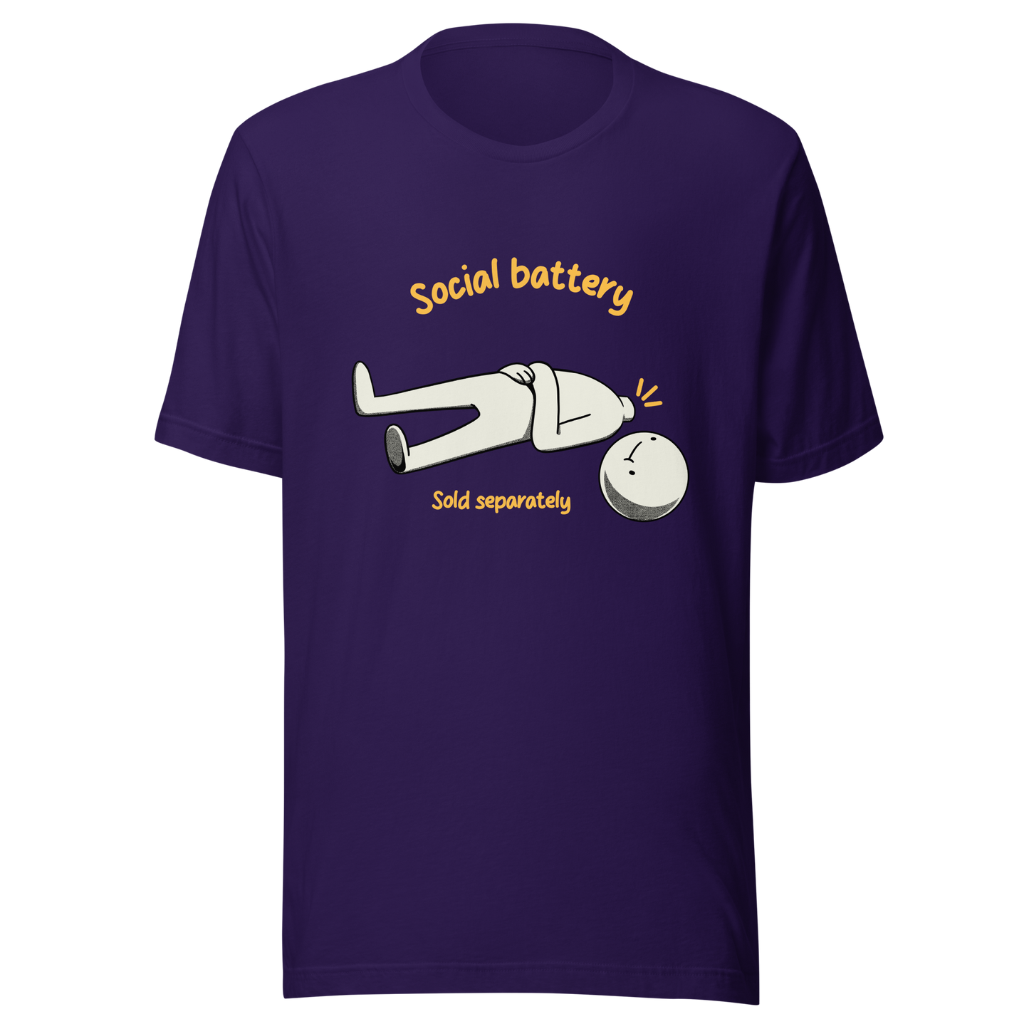 A cute character lying on the ground with their head separated from their body, paired with the phrase “Social Battery Sold Separately”. This humorous design captures the feeling of having no energy left for social interaction. Perfect for introverts and anyone who needs time alone to recharge, it’s a relatable and playful reminder that not everyone comes with a full social battery.