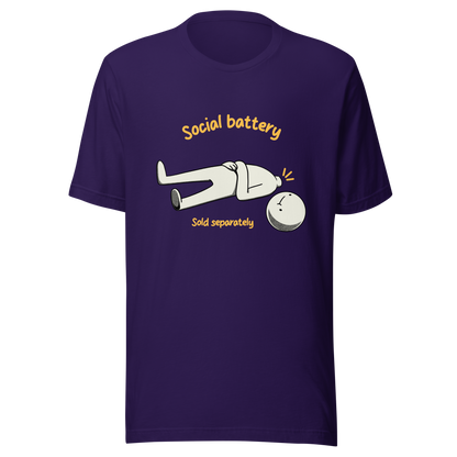 A cute character lying on the ground with their head separated from their body, paired with the phrase “Social Battery Sold Separately”. This humorous design captures the feeling of having no energy left for social interaction. Perfect for introverts and anyone who needs time alone to recharge, it’s a relatable and playful reminder that not everyone comes with a full social battery.
