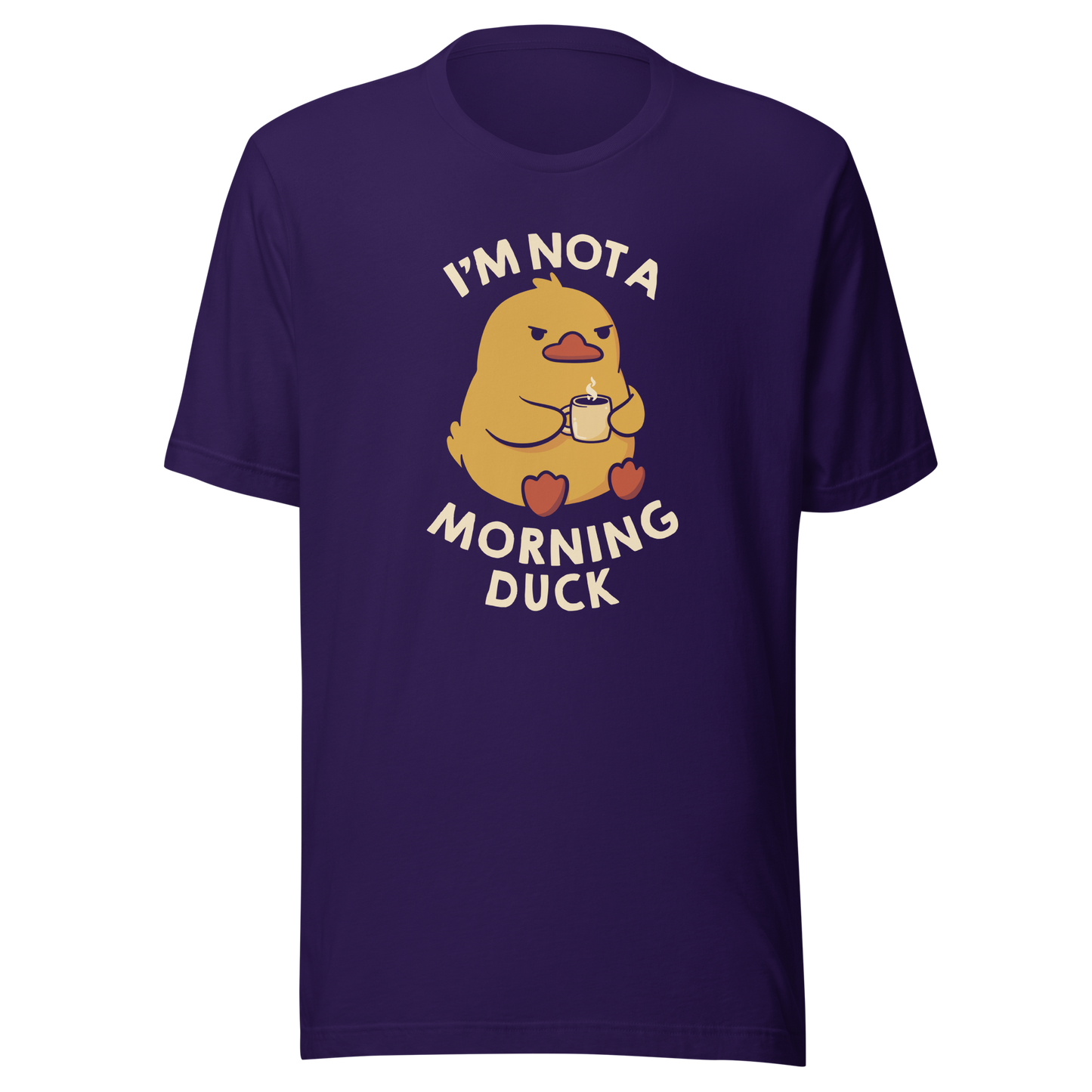 A cute little yellow duck, with a grumpy face, holding a mug of coffee and surrounded by the words "I'm Not a Morning Duck". This design plays on the humor of difficult mornings, mixing cuteness and sarcasm for those who only function after coffee. Perfect for those who are not at all morning people, coffee lovers and fans of funny prints and cute ducks.