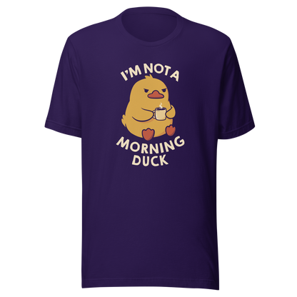 A cute little yellow duck, with a grumpy face, holding a mug of coffee and surrounded by the words "I'm Not a Morning Duck". This design plays on the humor of difficult mornings, mixing cuteness and sarcasm for those who only function after coffee. Perfect for those who are not at all morning people, coffee lovers and fans of funny prints and cute ducks.